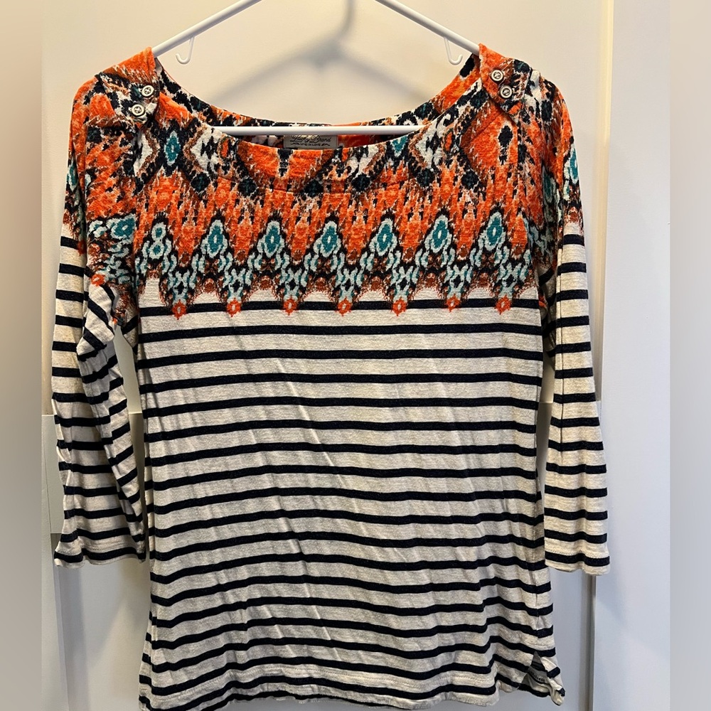 Lucky Brand ikat nautical stripe 3/4 sleeve tee